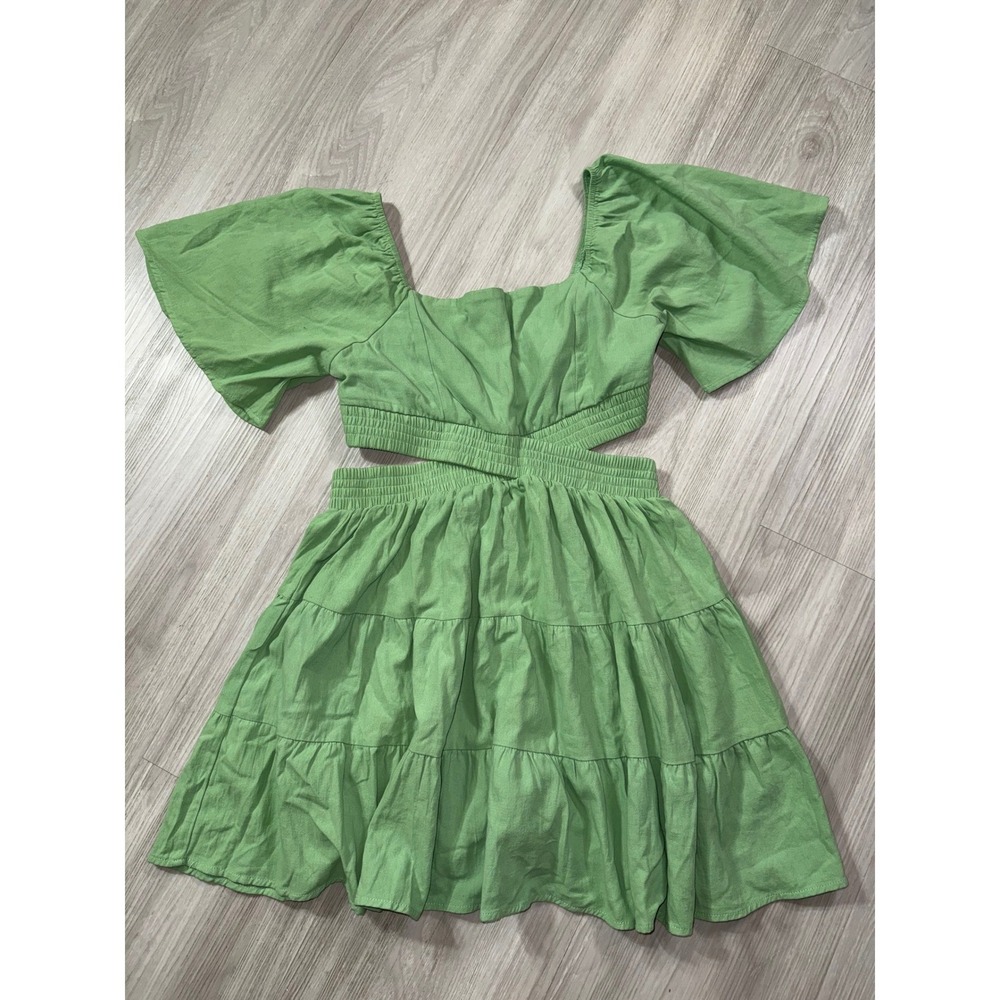Shy Velvet Womens Green Cotton Cutout Tiered Mini Dress Flutter Sleeve Size M - Picture 2 of 11